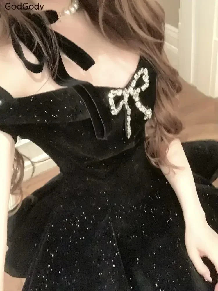 Black French Vintage Elegant Design Woman Dress Gothic Off Shoulder Retro Mini Dress Female Fairy Birthday Party Chic Outfits | | Wiccan Center