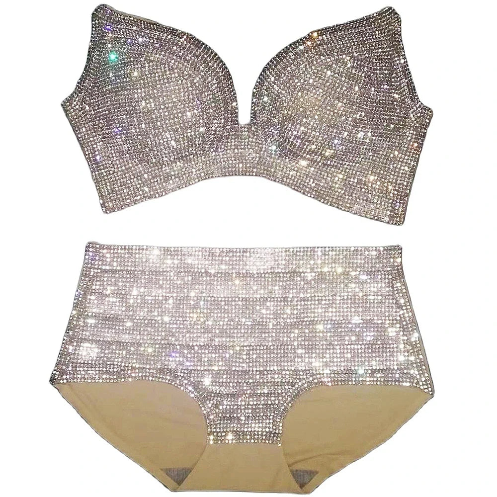 Dazzling Shimmer Crystal Bikini & High-Waist Dance Performance Costume Set | Costume Sets | Wiccan Center
