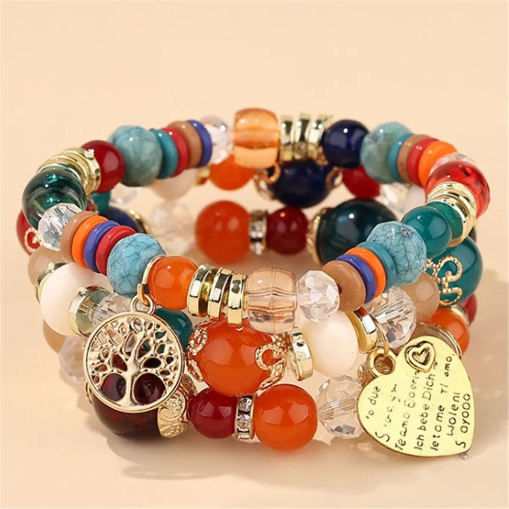 DIEZI Ethnic Bohemian Multicolor Crystal Beads Strand Bracelets Women Men Heart Tree Of Life Charm Bracelet Pulseira Feminina