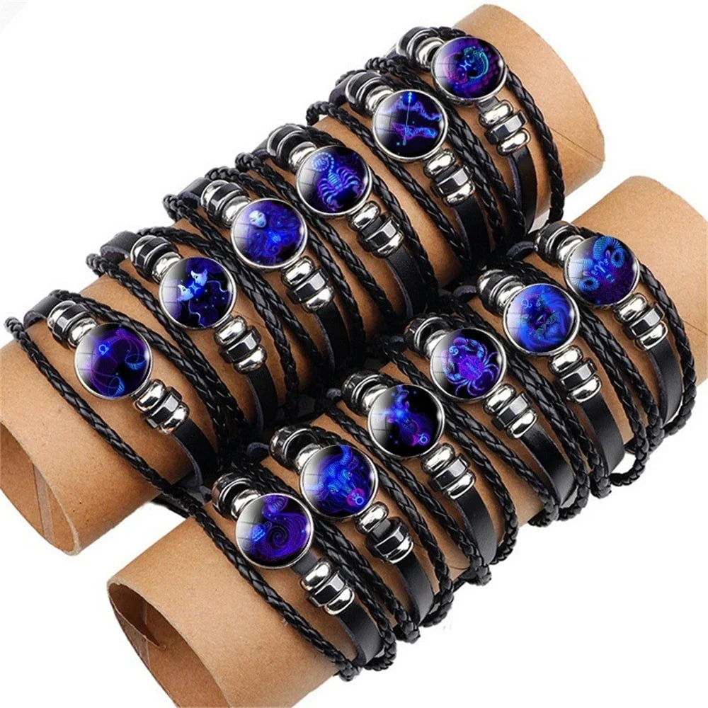 New Men 12 Constellation Black Braided Leather Bracelet Punk Style Zodiac Sign Multilayer Weave Wrap Bracelet For Birthday Gifts