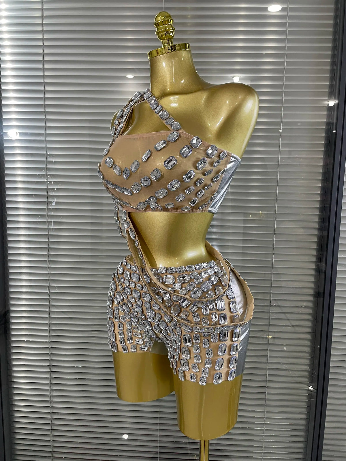 Silver Crystal Perspective Two Pieces Costume Set Performance Dancer Singer Nightclub Women's Outfit | Costume Sets | Wiccan Center