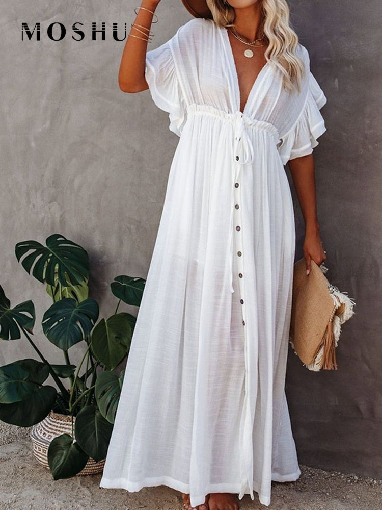 Summer Beach Maxi Dress Women Boho Long Bikini Cover Up High Waist Casual V-Neck Dresses | Dresses | Wiccan Center