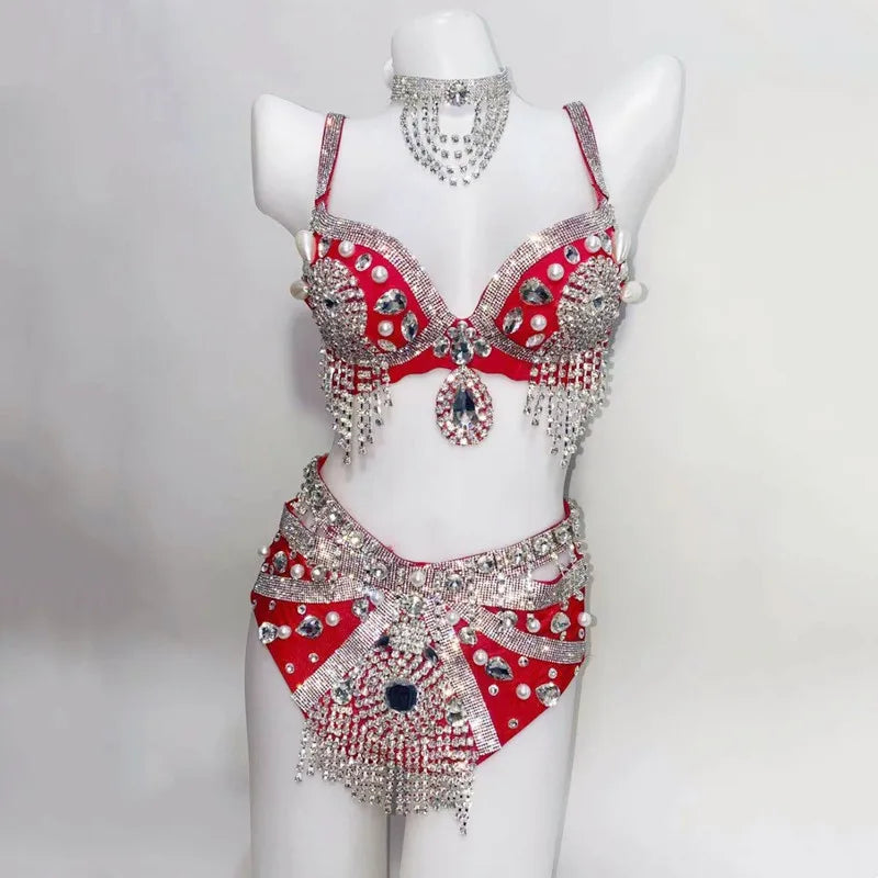 Sparkly Rhinestone Beading Tassel Bikini Sexy Nightclub Stage Wear Fringe Bra High Waist Short DJ Rave Outfit Nightclub Costume | Costume Sets | Wiccan Center