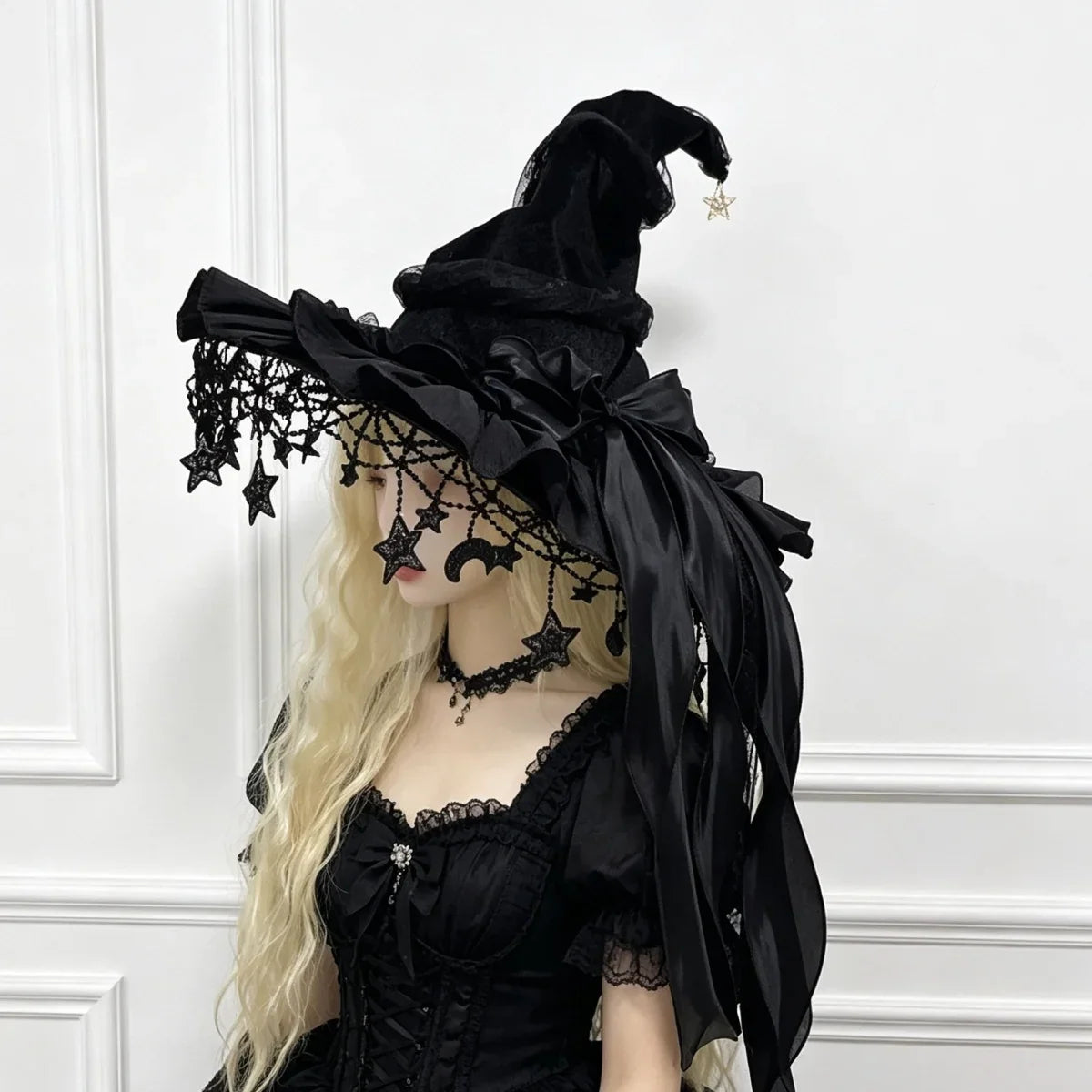 Halloween Witch Hat, Lace Velvet Hat with Moon Pendant | | Wiccan Center