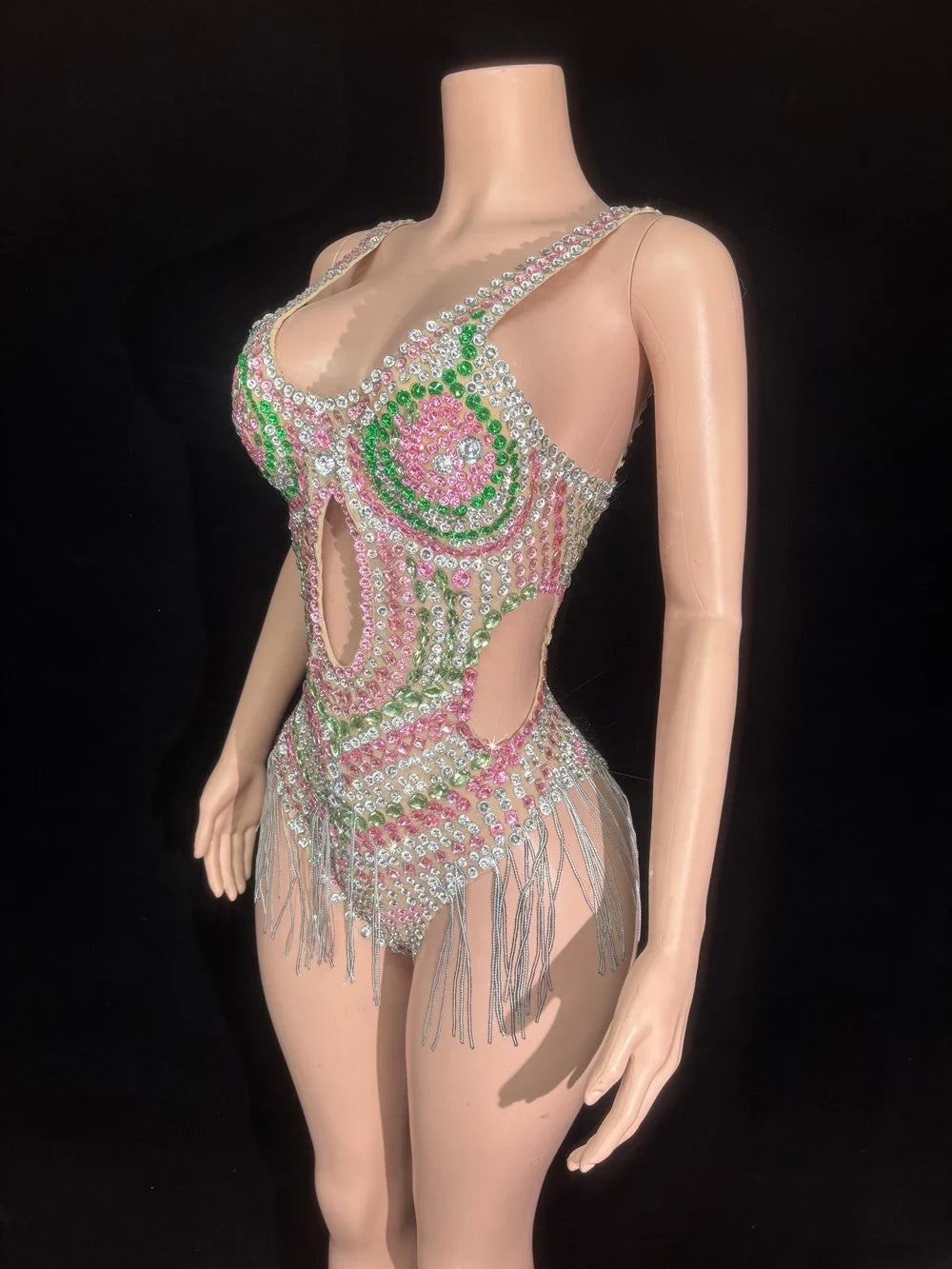 Sparkly Silver Rhinestone Tassel High-Cut Stage Bodysuit Dance Performance Leotard