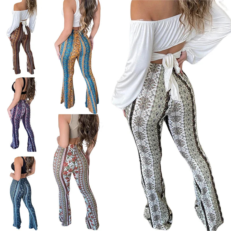 Frauen Boho Flare Pants Ethnic Tribal Print Bell Bottom Yoga Palazzo Hose | | Wiccan Center