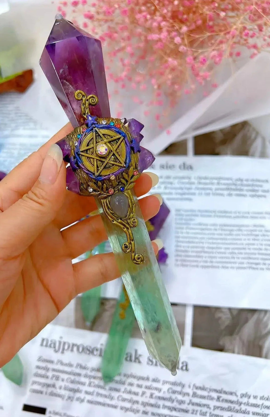 Green Fluorite and Amethyst Pentacle Witch Wand | Magic Wand | Wiccan Center