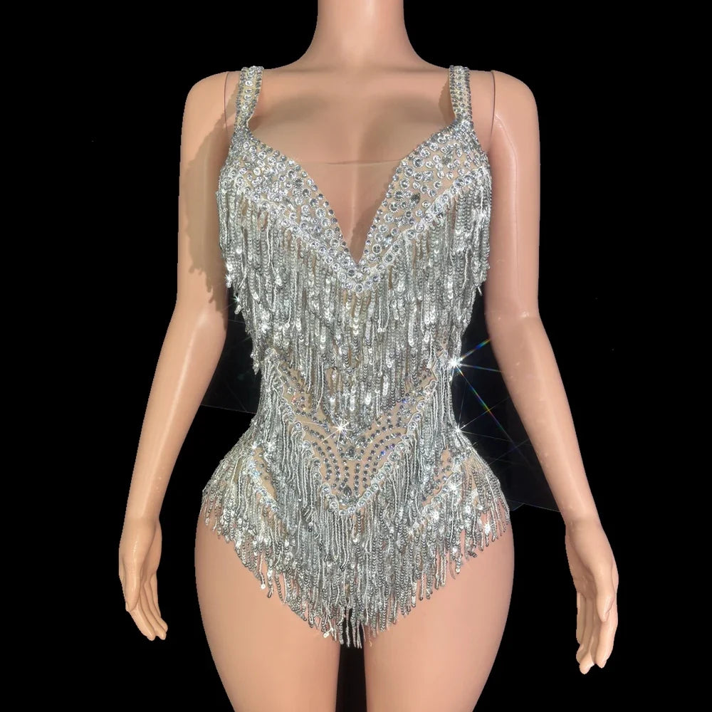 The Stardust Illusion Tassel Bodysuit – Luxury Rhinestone Long-Sleeve Showgirl Costume | Bodysuit | Wiccan Center