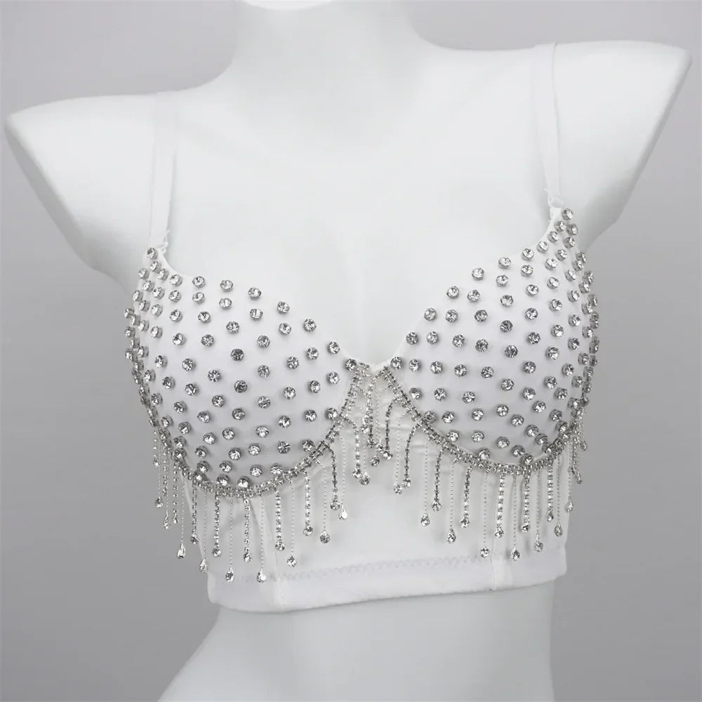 Sparkly Rhinestone Corset Tank Top Showgirl Stage Performance Bra Bustier