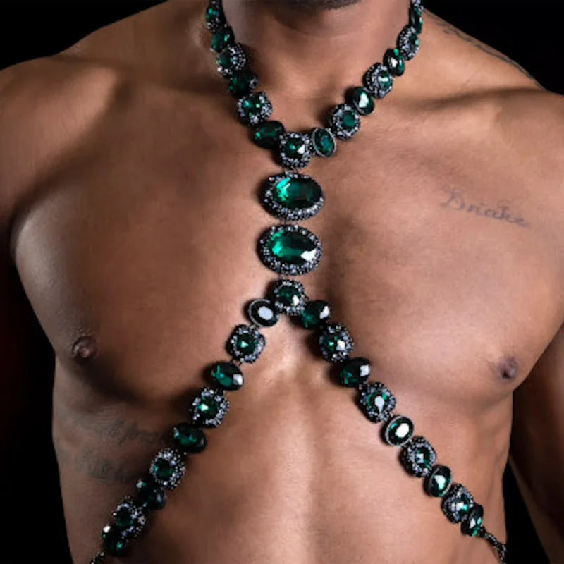 Men's Green Crystal Rhinestone Body Chain Harness Punk Stage Cross Chest Collar | Body Chains | Wiccan Center