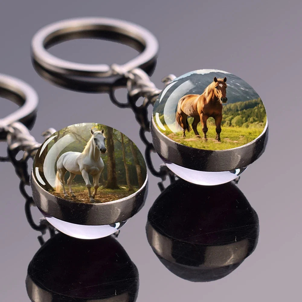 Horse Pattern Keychains White Brown Horse Racing Double Sided Glass Ball Pendant Key Chain Fashion Animal Jewelry Keyring Gift