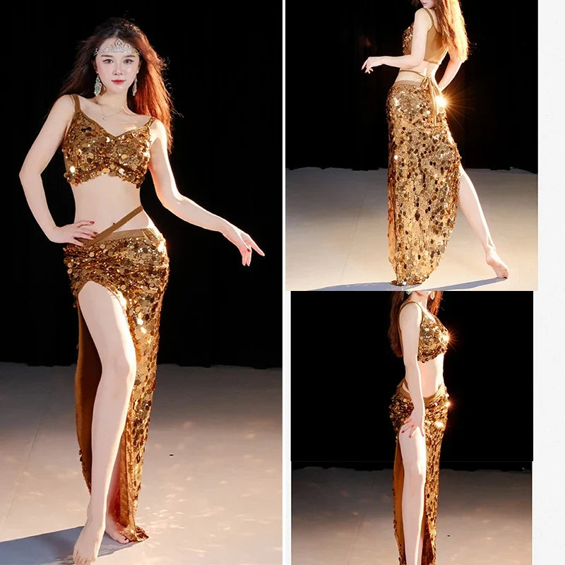 Sequin Oriental Belly Dance Top & Flowing Skirt 2-Piece Performance Set | Costume Sets | Wiccan Center