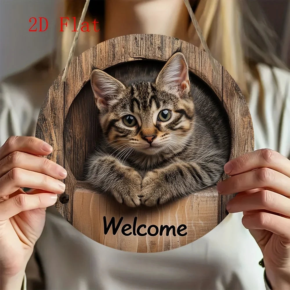 2D Graphic 2D Printed Wall Art - Cat Welcome Signs for Street, Courtyard, Shopping Center, Garage, Cafe, Family, Bar, Club, Kitchen, Restaurant, Laundry Room, Men's Cave, Gym, Bedroom, Farm, Farmhouse, Handmade Round Wood Dec