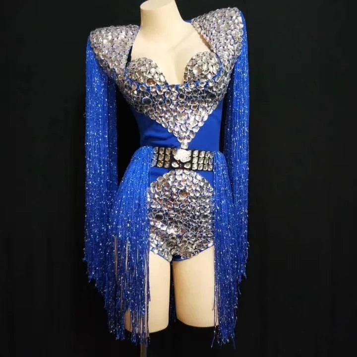 The Stardust Cascade Fringe Bodysuit – Luxury Rhinestone Long-Sleeve Showgirl Costume | Bodysuit | Wiccan Center