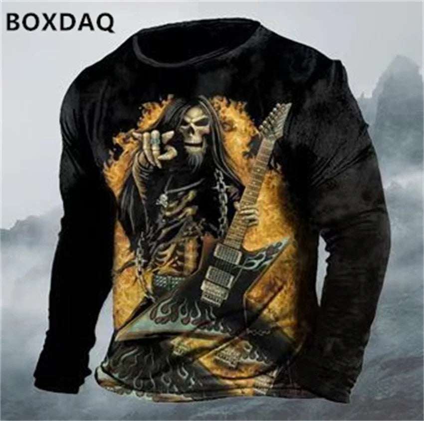 Horror Skulls Style Men T-Shirts Spring Autumn Long Sleeve Rock Skull 3D Print Street Hip Hop Male Tees 6XL Big Size Casual Tops