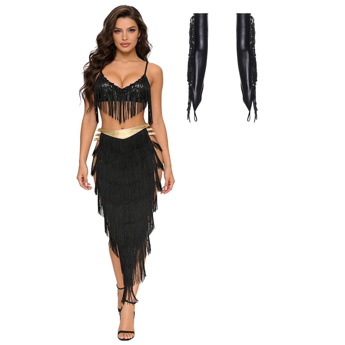 Women Shiny Belly Dance Bra Top with Tassel Slit Skirt Built-in Briefs Gloves Cleopatra Egypt Queen Costume | Costume Sets | Wiccan Center
