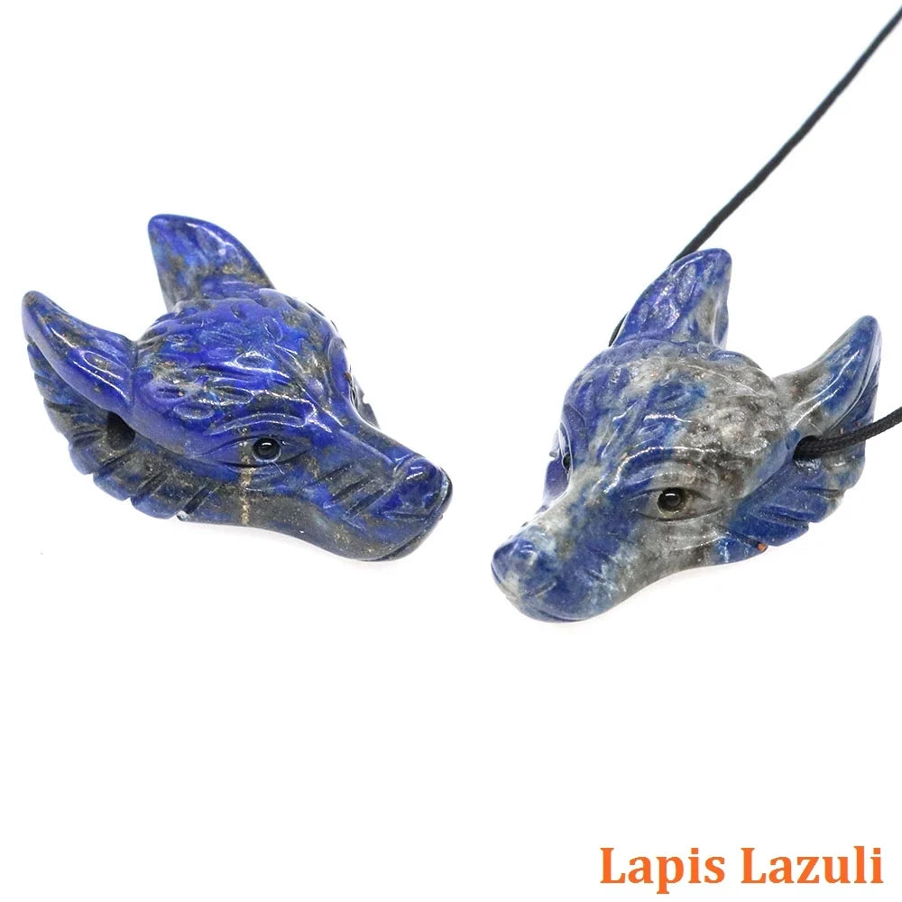 1.5" Wolf Head Stone Pendant Natural Healing Crystals Hand Carved Wolves Animal Statue Figurine Gems for Jewelry Making Necklace