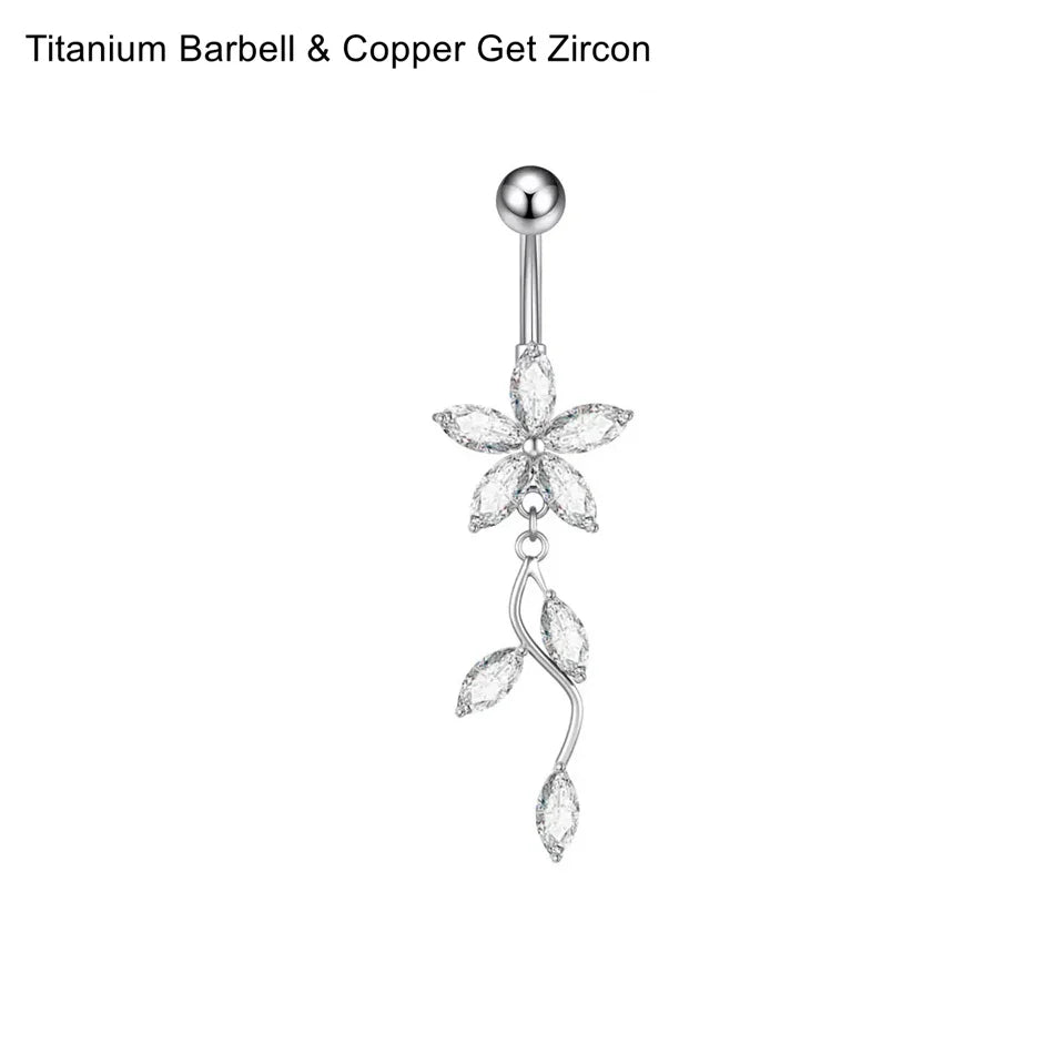 Stainless Steel Dangle Belly Button Ring Crystal Flower with Dangling Marquise Vine Titanium Navel Barbell Body Piercing Jewelry | | Wiccan Center