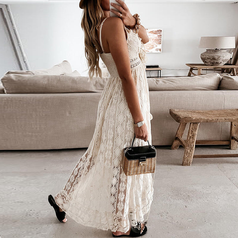 Women Dress Beach Style Elegant White Lace Spaghetti Srap Sundress Female Hollow Out Boho | Dresses | Wiccan Center