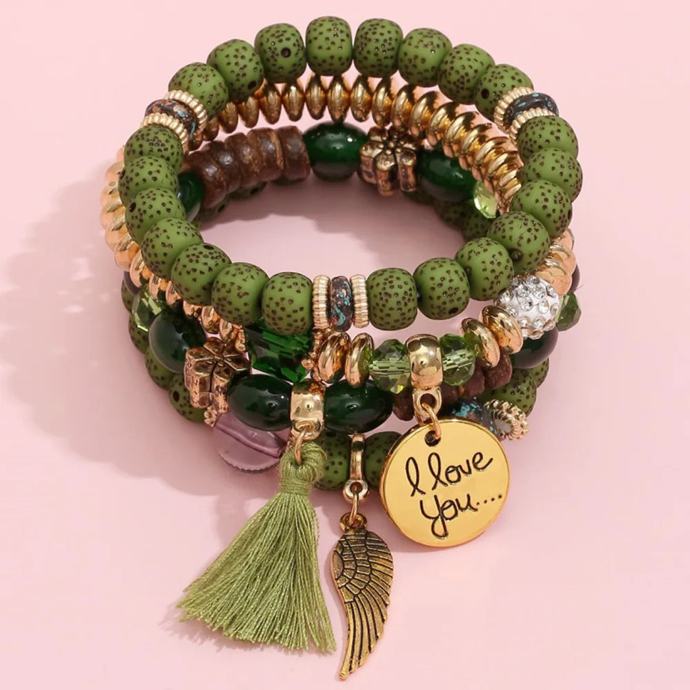 4Pcs/Set Fashion Crystal Stone Beads Chain Bracelet Set For Women I Love You Feather Tassel Charm Elastic Bangle Female Jewelry