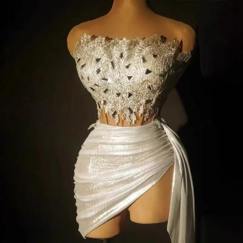 The Stardust Siren Draped Mini Dress – Luxury Rhinestone Mesh Stage Dress | Showgirl Dress | Wiccan Center
