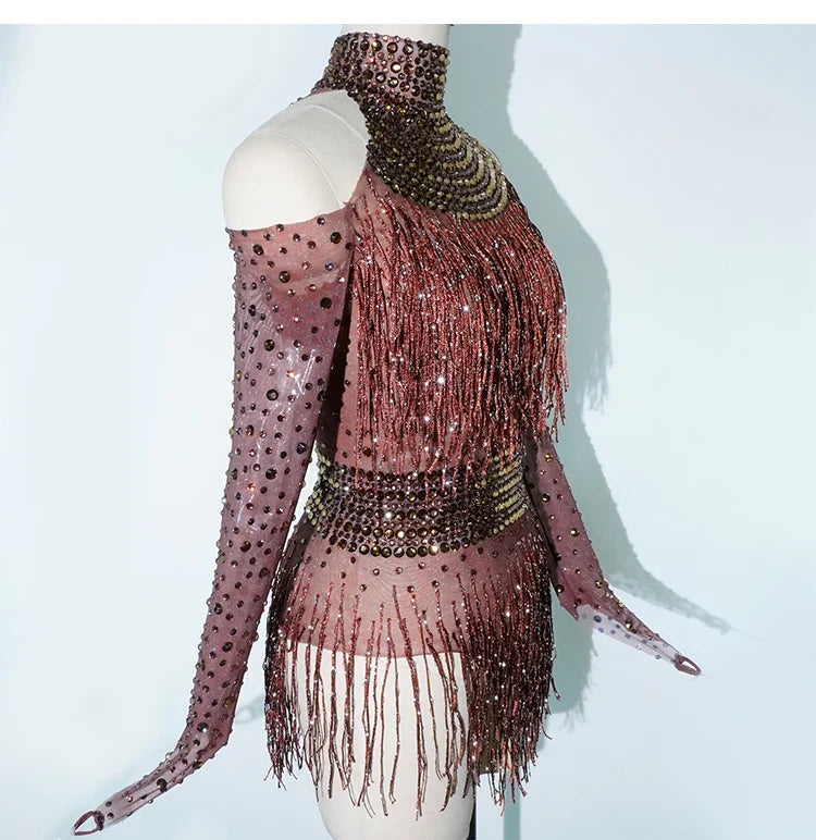 Rhinestone Tassel Mesh Performance Bodysuit | Bodysuit | Wiccan Center