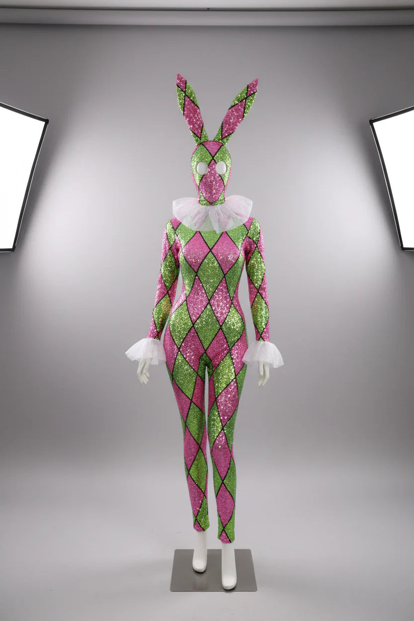 Futuristic Geometric Rhinestone Bunny Bodysuit – Luxury Showgirl Stage Costume & Exotic Festival Leotard with Statement Collar