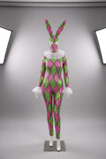 Futuristic Geometric Rhinestone Bunny Bodysuit – Luxury Showgirl Stage Costume & Exotic Festival Leotard with Statement Collar