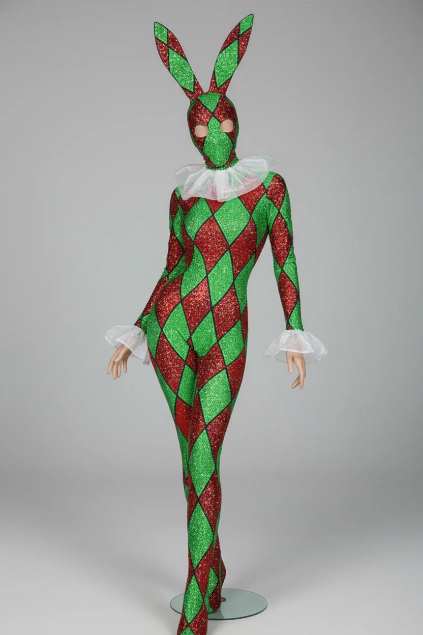 Futuristic Geometric Rhinestone Bunny Bodysuit – Luxury Showgirl Stage Costume & Exotic Festival Leotard with Statement Collar | Bodysuit | Wiccan Center