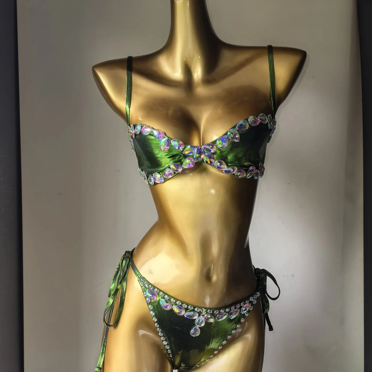 Emerald Green Rhinestone String Bikini Set Crystal Costume Set Beach Pool Party | Costume Sets | Wiccan Center