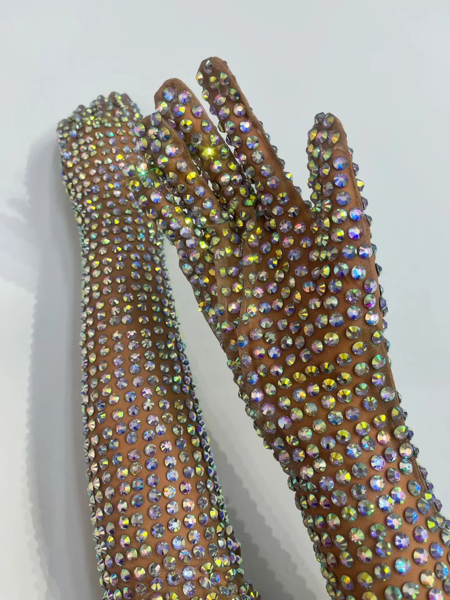 AB Rhinestone Sheer Mesh Long Opera Gloves Stage Performance Costume Accessory