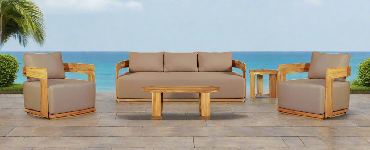 Eclipse Outdoor solid Teak Wood Sofa Set - light brown fabric | outdoor living room set | Wiccan Center