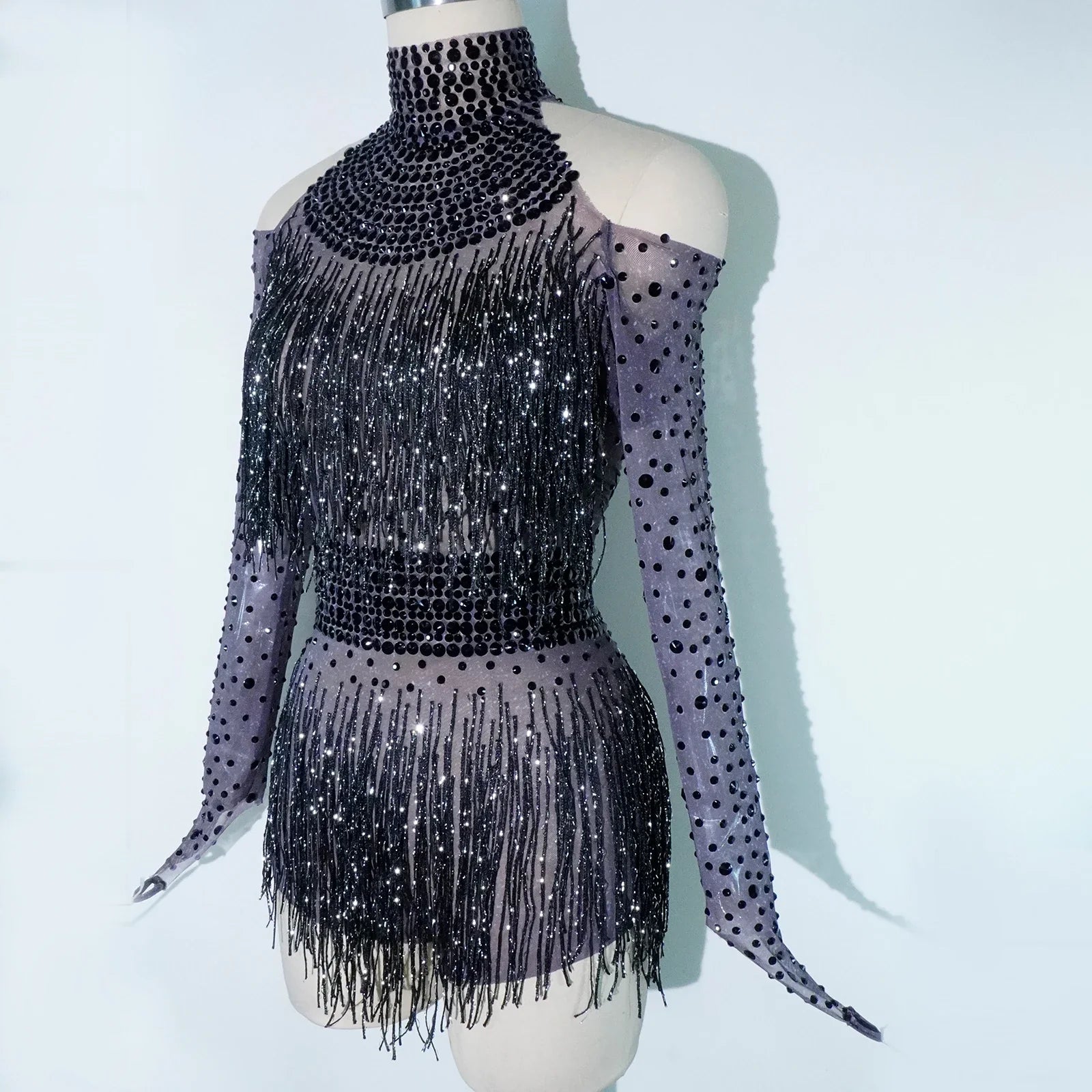 Rhinestone Tassel Mesh Performance Bodysuit | Bodysuit | Wiccan Center