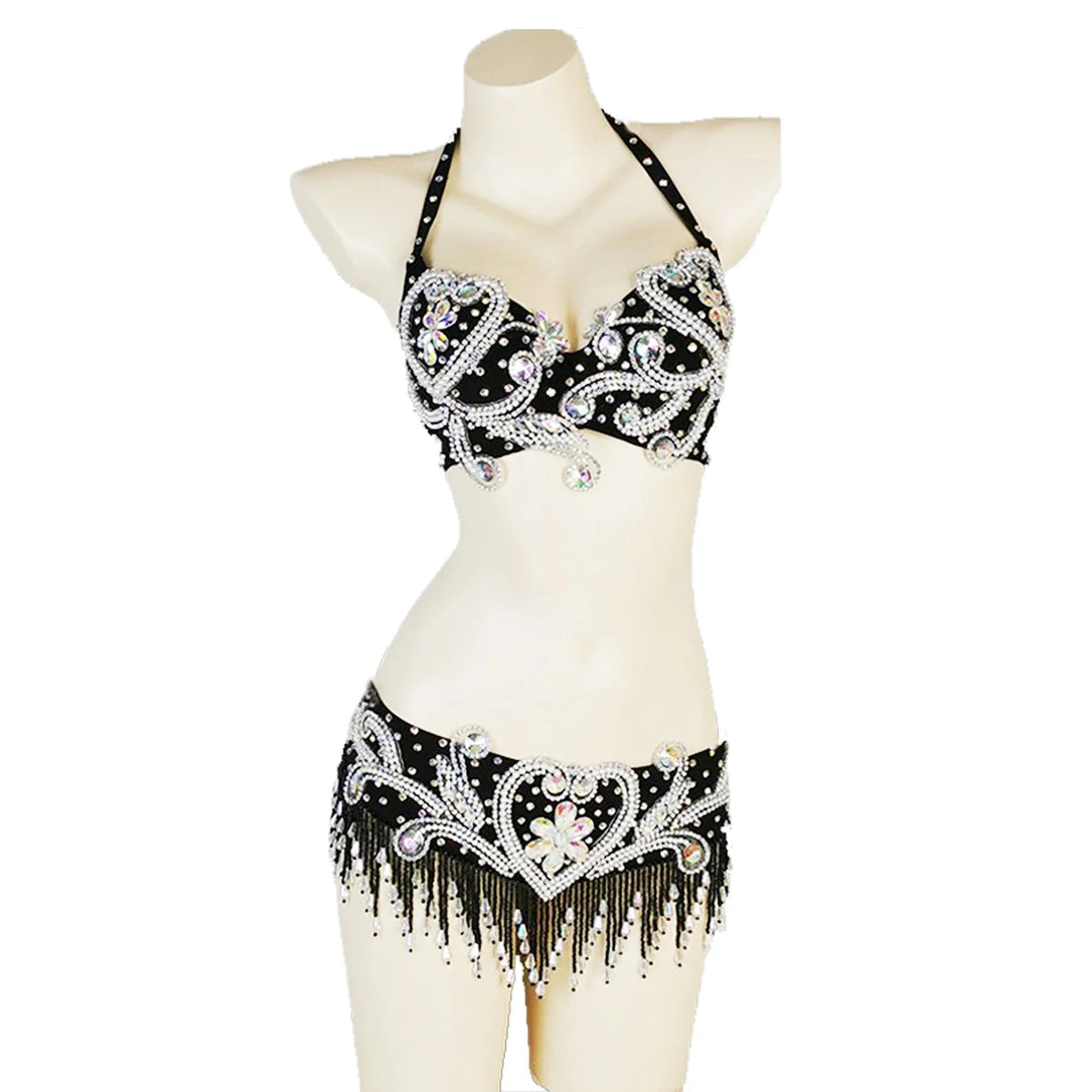 Sparkly Beaded Belly Dance Bra & Fringe Hip Belt Two-Piece Stage Costume Set | Costume Sets | Wiccan Center