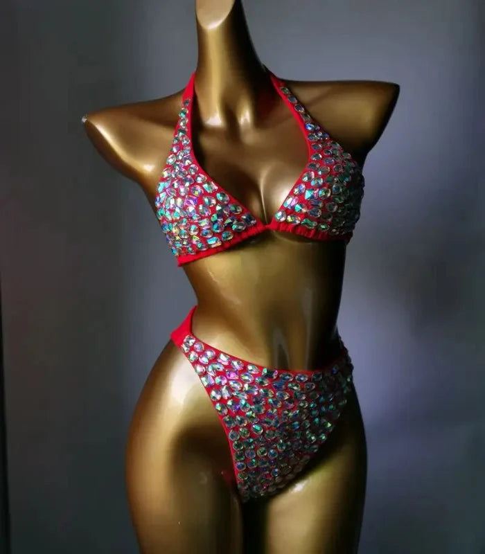 Nightclub Bar Sexy Disco Pole Dance Crystal Bikini Costume DJ Dancer Club Party Rave Outfit Pink Rhinestones Bra Set Stage Wear | Costume Sets | Wiccan Center