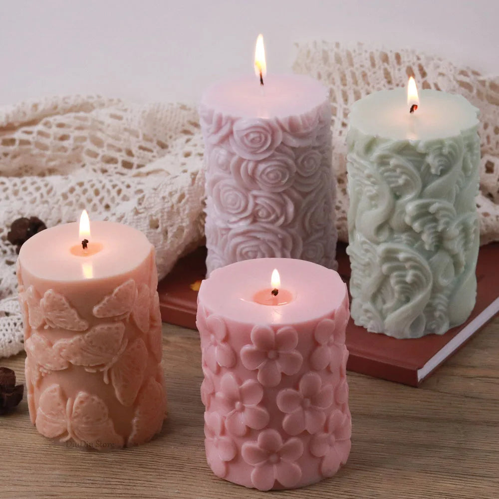 Flower Butterfly Columnar Silicone Candle Mold DIY Waves Soap Resin Plaster Making Tool Geometry Chocolate Mould Home Decor Gift