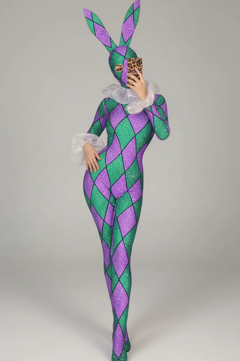 Futuristic Geometric Rhinestone Bunny Bodysuit – Luxury Showgirl Stage Costume & Exotic Festival Leotard with Statement Collar | Bodysuit | Wiccan Center