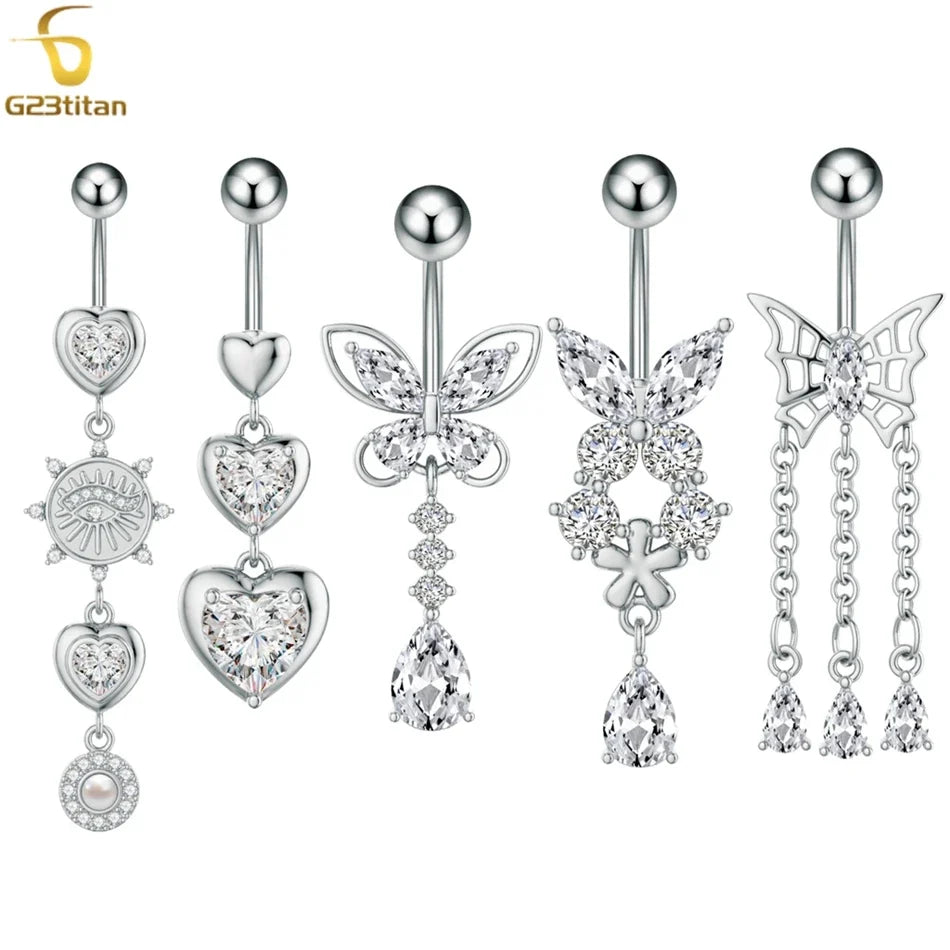 14G Crystal Heart Butterfly Dangle Belly Button Rings CZ Zircon Drop Navel Barbell Belly Rings Body Piercing Jewelry for Women | | Wiccan Center