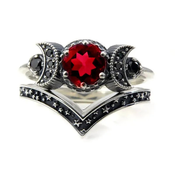 Black Zirconia Stone Triple Moon Ring Set | Ring | Wiccan Center