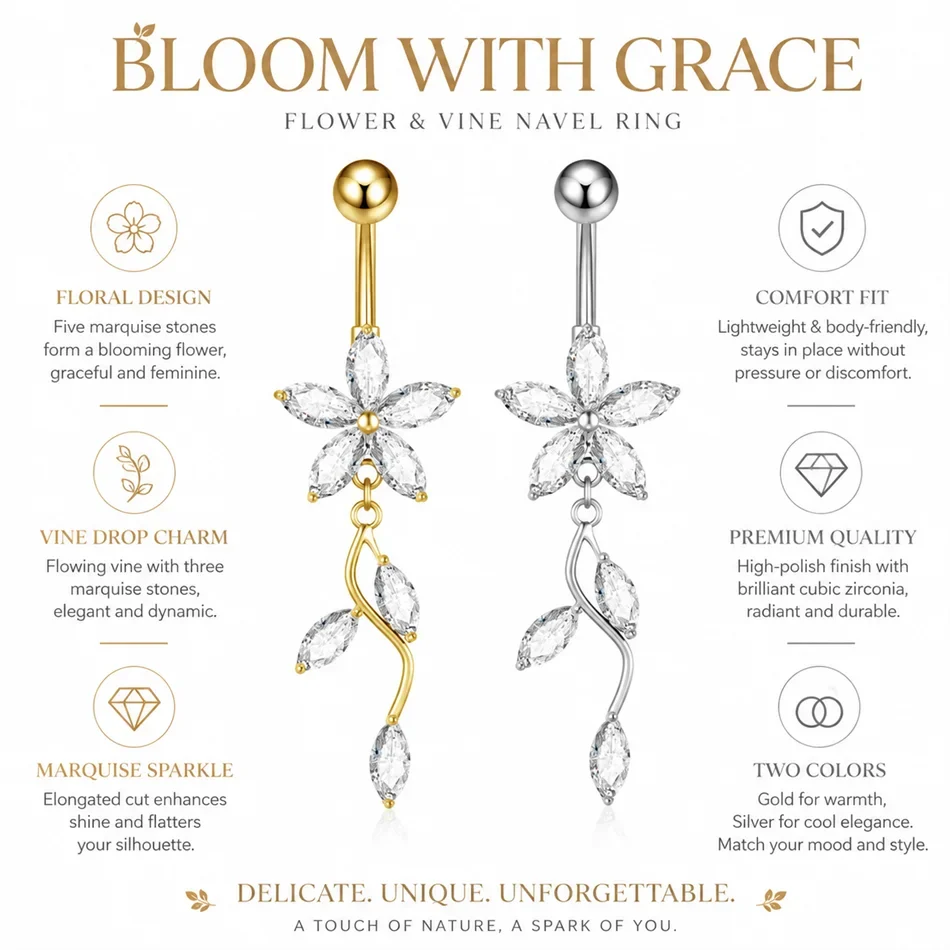 Stainless Steel Dangle Belly Button Ring Crystal Flower with Dangling Marquise Vine Titanium Navel Barbell Body Piercing Jewelry | | Wiccan Center