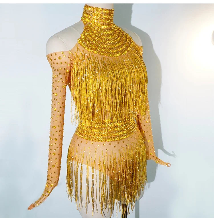 Rhinestone Tassel Mesh Performance Bodysuit | Bodysuit | Wiccan Center