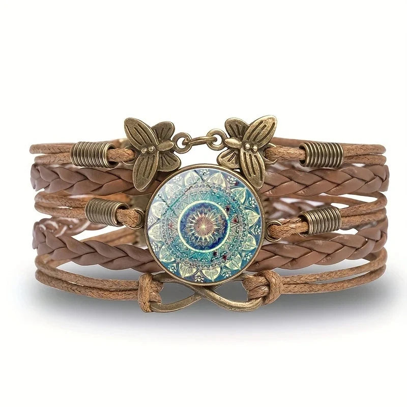 Vintage Mandala Flower Glass Dome Wrap Bracelet Brown Multilayer Woven Leather Bracelets For Women