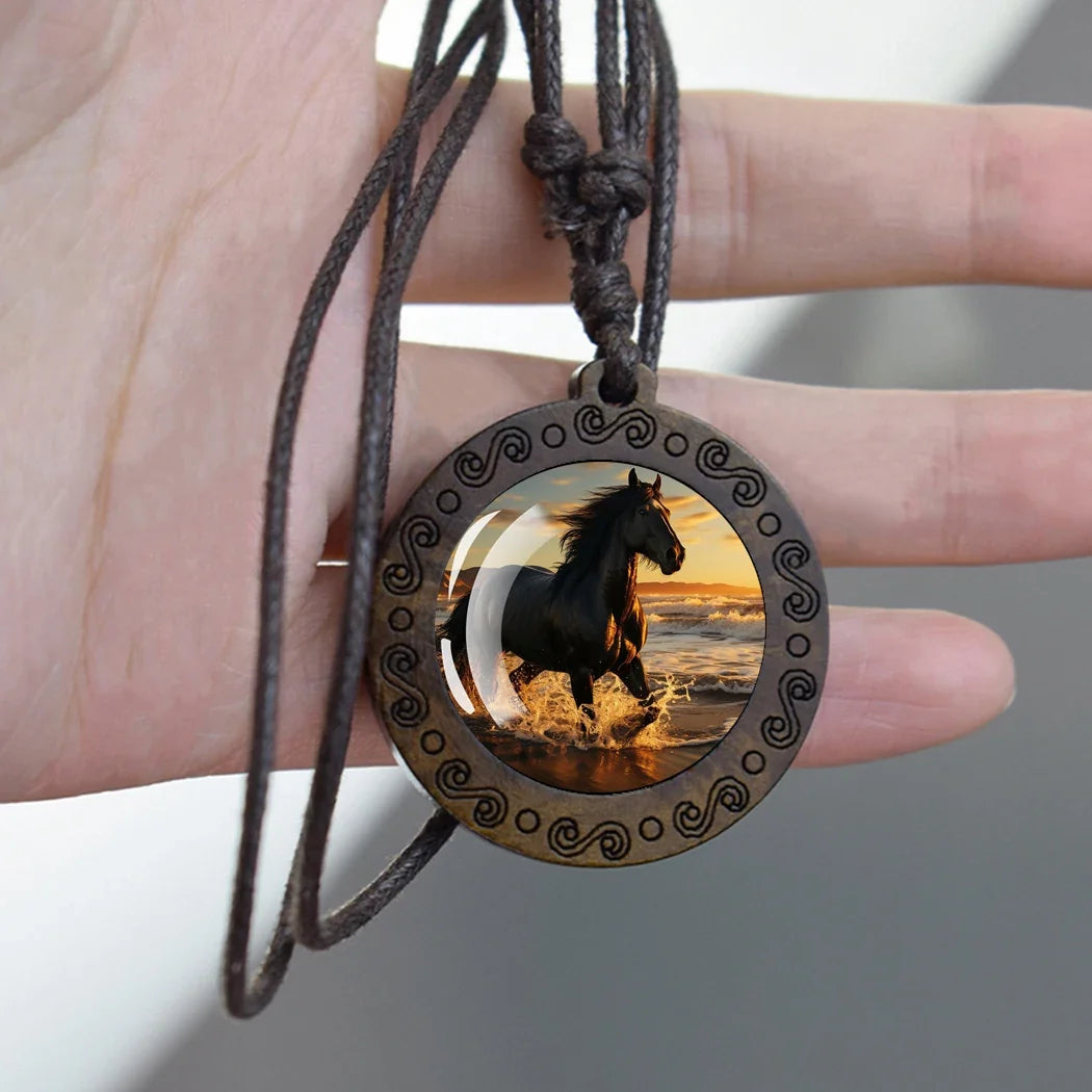 Horse Necklaces White Brown Horse Galloping Glass Dome Vintage Wooden Pendant Rope Chains Necklace Women Men Goth Jewelry Gift