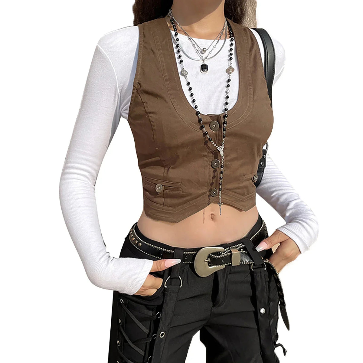 Women Vest Sleeveless V Neck Button Down Tank Tops Gilet with Pockets for Casual Street Gothic | | Wiccan Center
