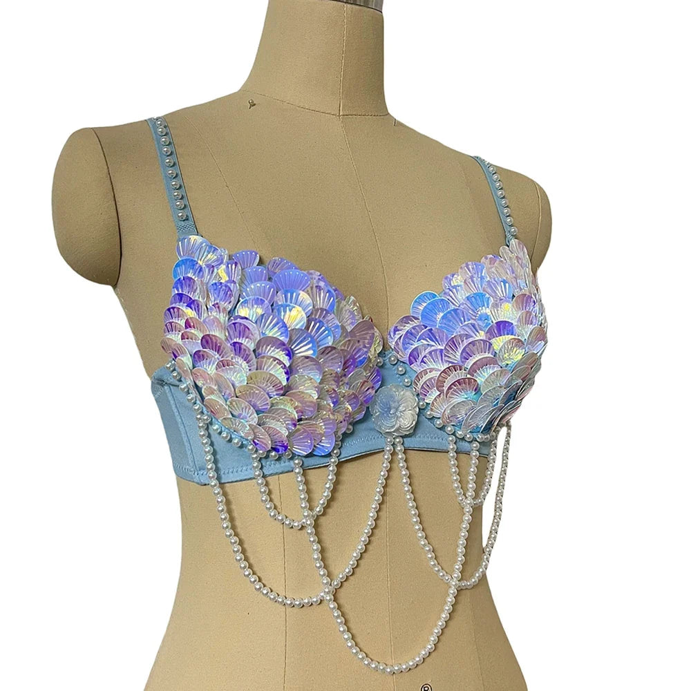 Handmade Mermaid Sequin Pearl Shell Belly Dance Bra Festival Rave Top | Costume Tops | Wiccan Center