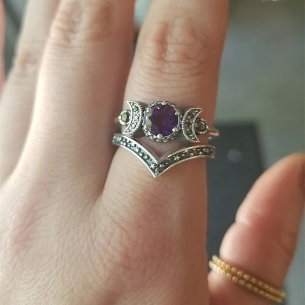 Black Zirconia Stone Triple Moon Ring Set | Ring | Wiccan Center