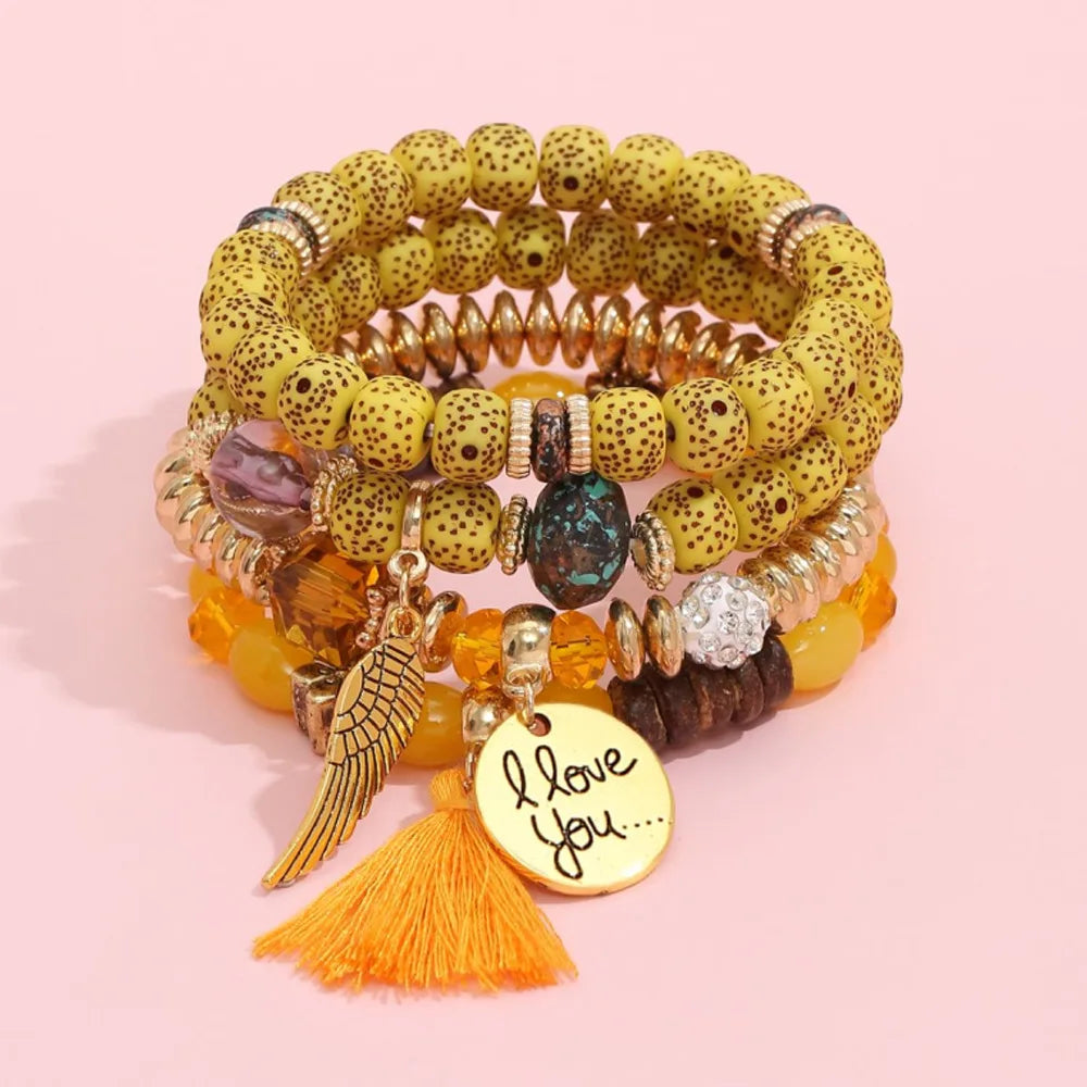 4Pcs/Set Fashion Crystal Stone Beads Chain Bracelet Set For Women I Love You Feather Tassel Charm Elastic Bangle Female Jewelry