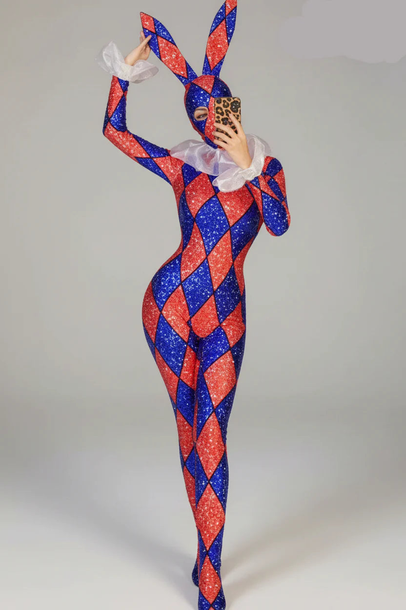 Futuristic Geometric Rhinestone Bunny Bodysuit – Luxury Showgirl Stage Costume & Exotic Festival Leotard with Statement Collar | Bodysuit | Wiccan Center