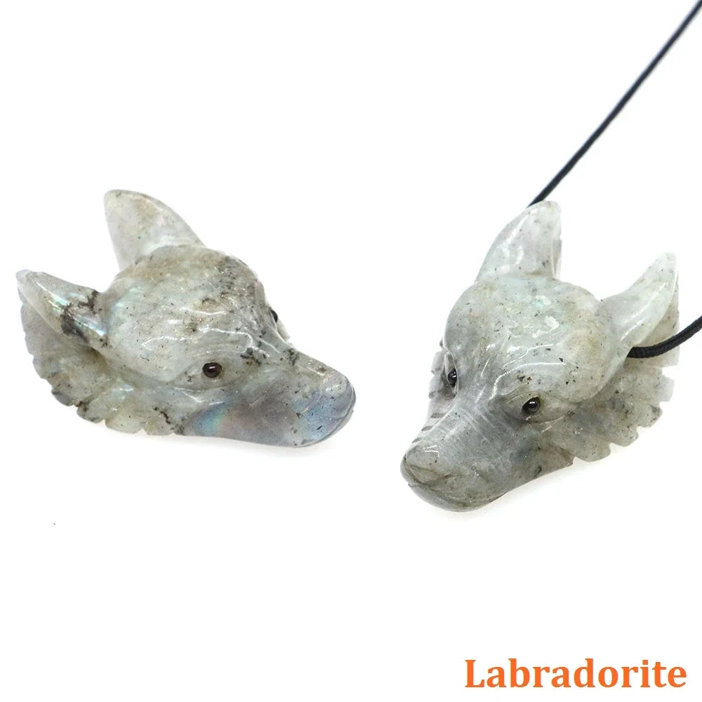 1.5" Wolf Head Stone Pendant Natural Healing Crystals Hand Carved Wolves Animal Statue Figurine Gems for Jewelry Making Necklace