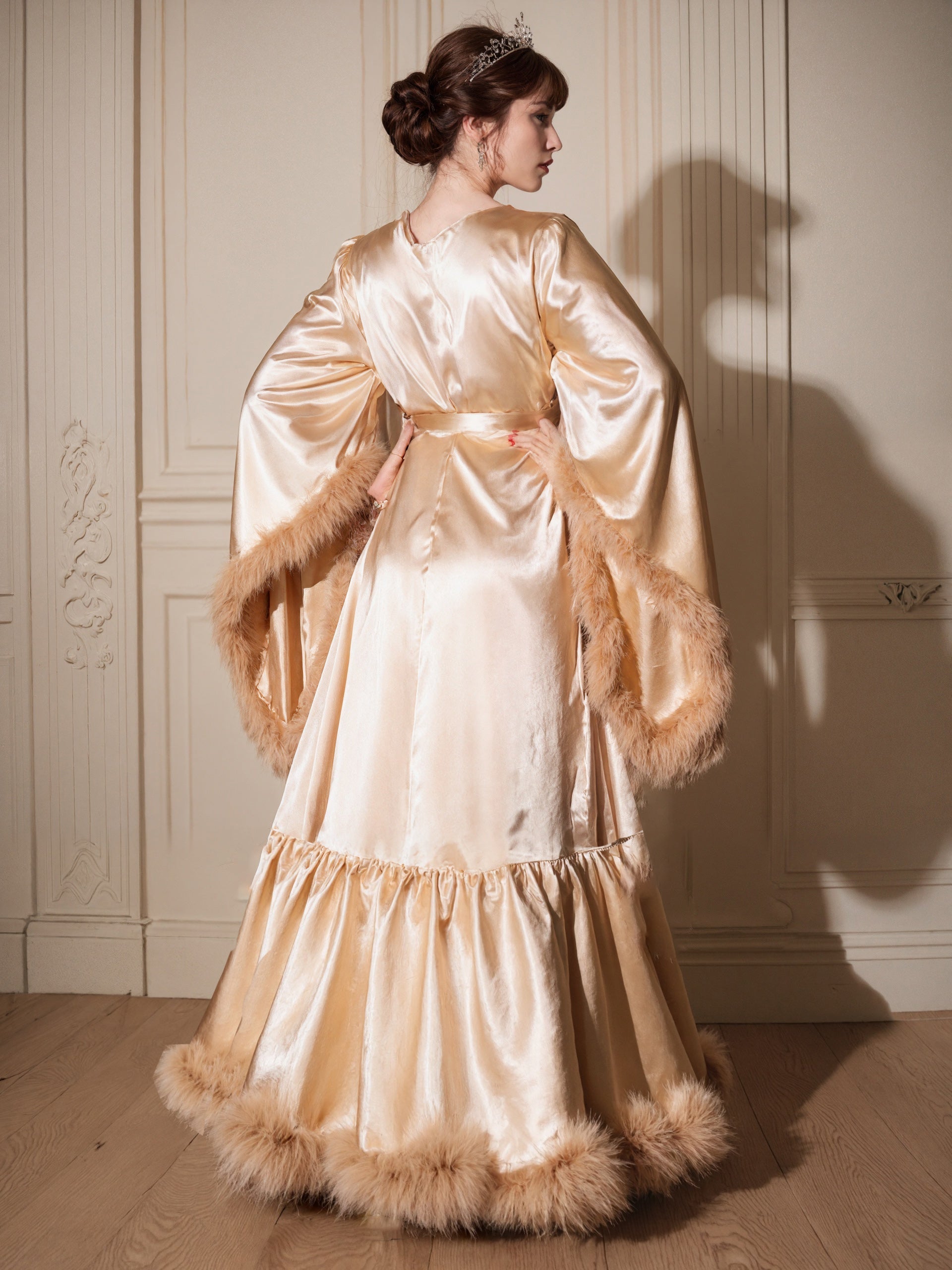 Silky Satin Feather Fringe Hem Long Robe (Victorian Style) - next day shipping selective colors | luxrobe | Wiccan Center